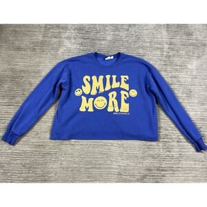 Smiley World Cropped Sweatshirt Womens Small‎ Blue Long Sleeve Polyester Blend